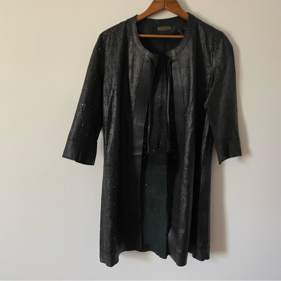 Italian Leather Duster Kimono Open Front Jacket, Pierced Cut Out Detail Black S - Picture 7 of 7